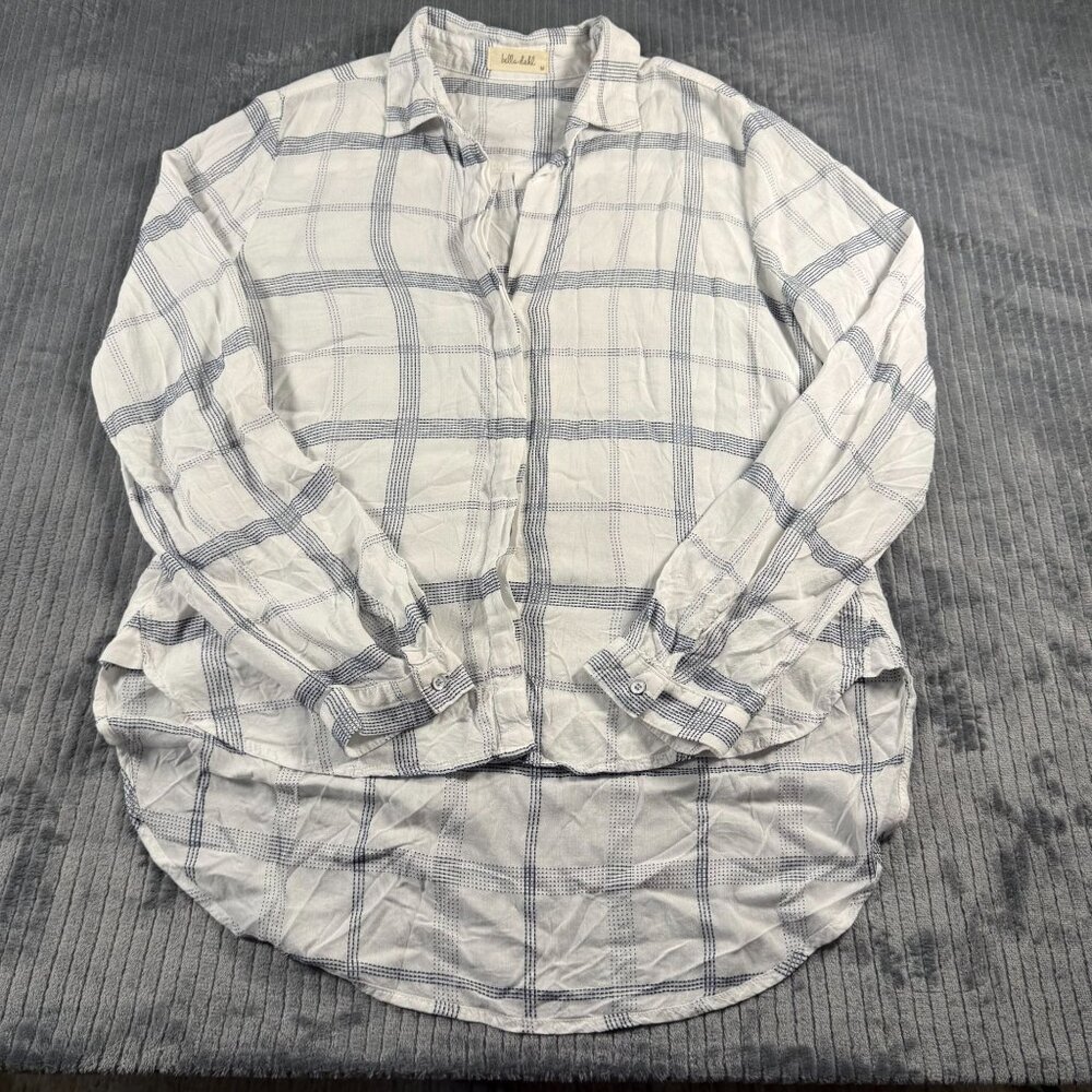 Bella Dahl High Low Button Down Blouse Top White Blue Plaid Womens M - Picture 1 of 10